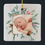 First Christmas Grandparents Winter Greenery Photo Ceramic Ornament<br><div class="desc">First Christmas as Grandma & Grandpa with Christmas greenery, holly berries and pine cones. Personalized with date and your beautiful photo framed in lush, winter greenery. Our high quality template makes it so easy for you to personalize your special ornament. Ornament makes a lovely gift that will be treasured for...</div>