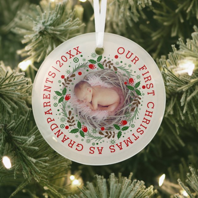 First Christmas grandparents wreath photo Glass Ornament (Insitu)