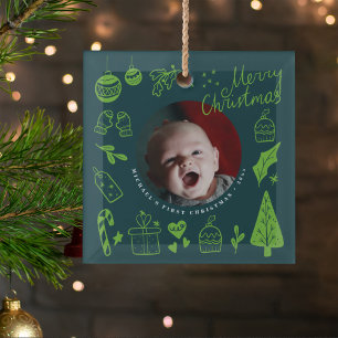 First Christmas Green Cute Hand Drawn Doodles Glass Ornament