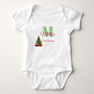 First Christmas Green Red Editable Monogram Baby Bodysuit