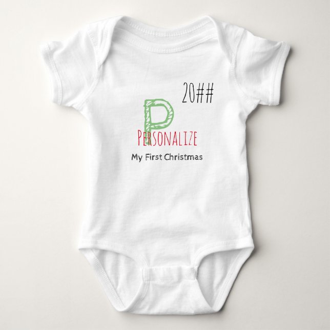 First Christmas Green Red Editable Monogram Baby Bodysuit (Front)