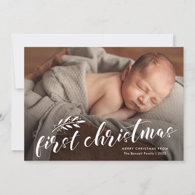 First Christmas Handwritten Baby Photo Holiday Card (Front)