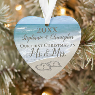 First Christmas Heart Beach Wedding Mr Mrs Ornament
