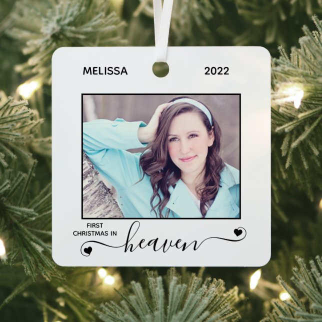 First Christmas Heaven Simple 2 Photo Memorial Metal Ornament (Insitu)