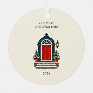 First Christmas Here Red Door New Home Metal Ornament