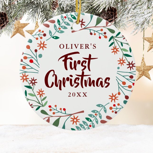 First Christmas Holiday Floral Baby Photo Ceramic Ornament (Creator Uploaded)