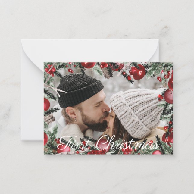 first christmas holiday greenery ornaments photo  card (Front)