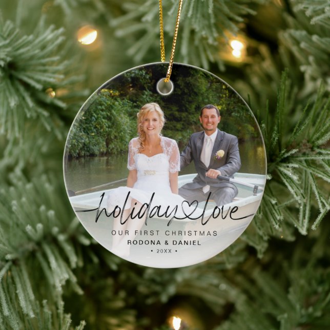 First Christmas Holiday Love 2 Photos Ceramic Ornament (Tree)