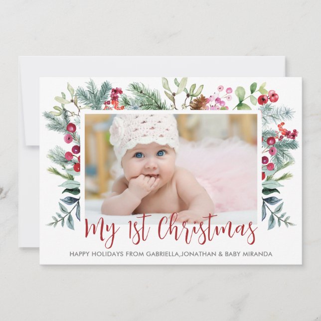 First Christmas Holly Berry Photo Holiday Card (Front)