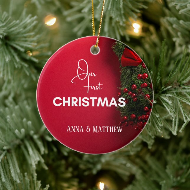 First Christmas Holy Berries Name Personalised Ceramic Ornament (Tree)