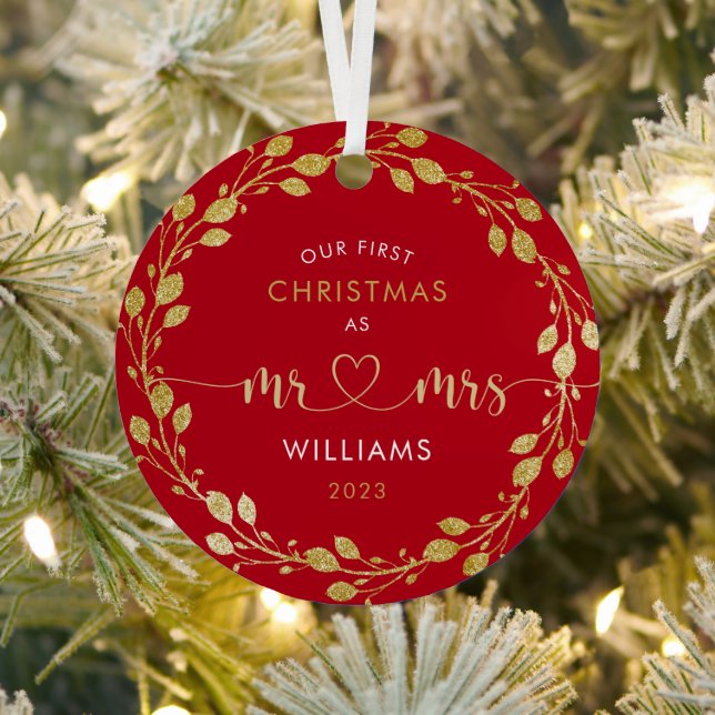 First Christmas Husband and Wife Gold Wreath Photo Metal Ornament (Insitu)