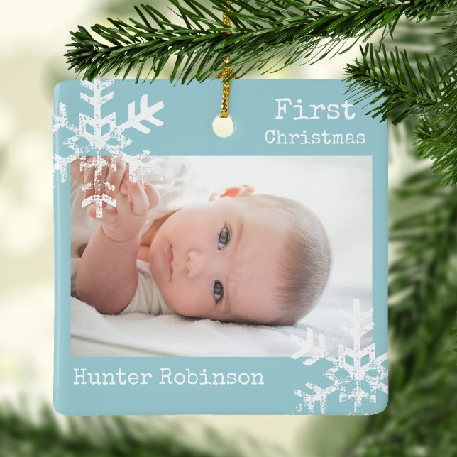 First Christmas Ice Blue Custom Photo Snowflakes Ceramic Ornament (Rustic snowflake family holiday keepsake photo ornament perfect for gifts to bring joy to others.)