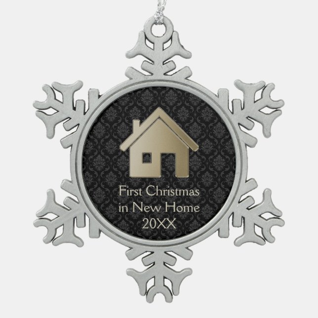 First Christmas in new home | Damask Snowflake Pewter Christmas Ornament (Front)