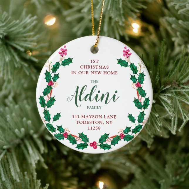 First Christmas In New Home Personalized Wreath Ceramic Ornament (Tree)