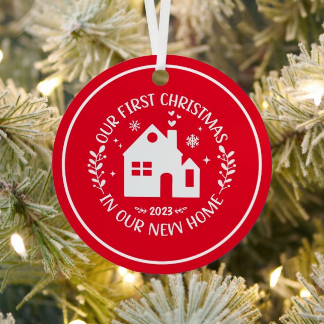 First Christmas In New Home Red Christmas Metal Ornament (Insitu)
