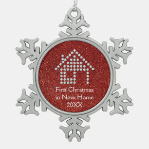 First Christmas in New Home Red Glitter Snowflake Pewter Christmas Ornament