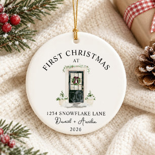 First Christmas In New Home Watercolor Black Door Ceramic Ornament