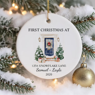 First Christmas In New Home Watercolor Blue Door Ceramic Ornament