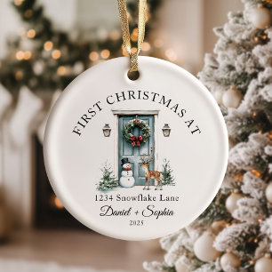 First Christmas In New Home Watercolor Green Door Ceramic Ornament