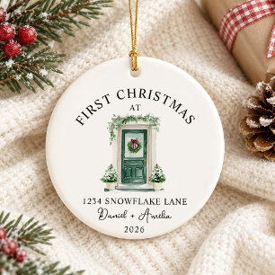 First Christmas In New Home Watercolor Green Door Ceramic Ornament