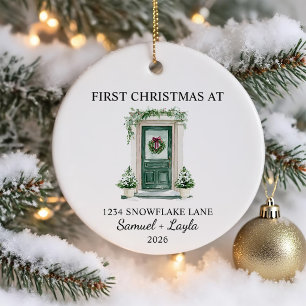 First Christmas In New Home Watercolor Green Door Ceramic Ornament