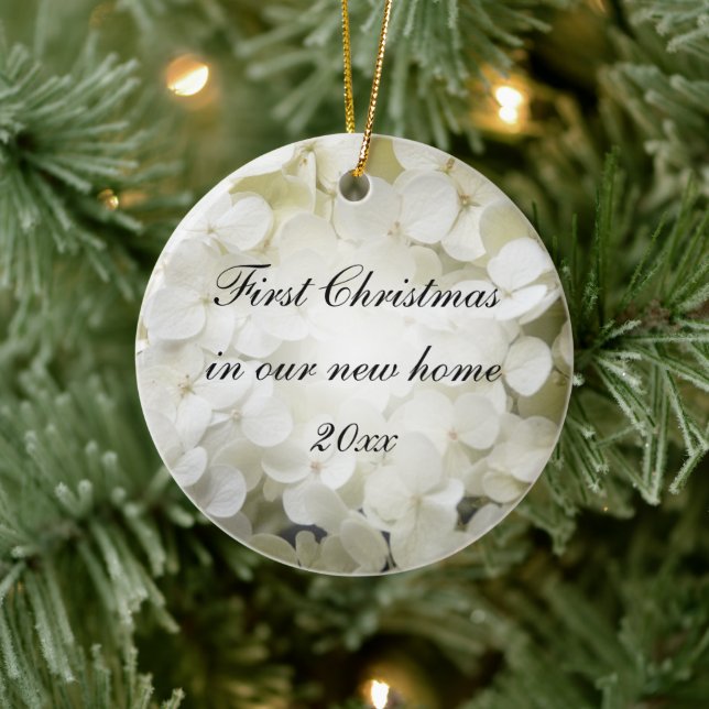 First Christmas in New Home White Hydrangea Ceramic Ornament (Tree)