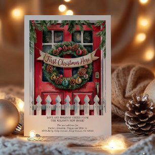 First Christmas in New Home Wreath with Initials Holiday Card