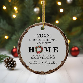 First Christmas in New Home Wreath with Photo Ceramic Ornament