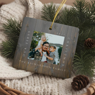 First Christmas In Our New Home 2 Photo Woodgrain Ceramic Ornament