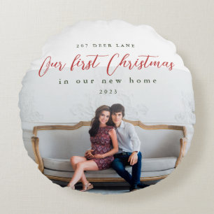 First Christmas in our New Home Address Photo Round Pillow