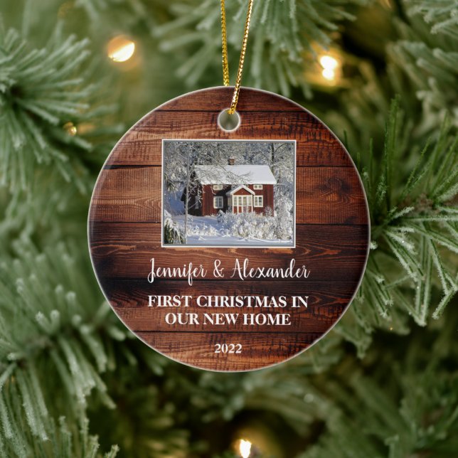 First Christmas in our new Home barn wood photo Ceramic Ornament (Tree)