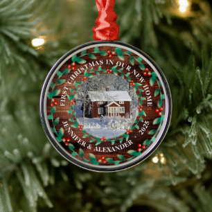 First Christmas in our new Home barn wood photo Metal Ornament