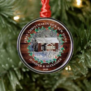 First Christmas in our new Home barn wood photo Metal Ornament