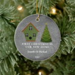 First Christmas in our new Home chalkboard Ceramic Ornament<br><div class="desc">The first Christmas in our new Home,  chalkboard,  Ornament. Cute birdhouse house and christmas tree on chalkboard background.
Beautiful ornament to decorate you christmas tree.</div>