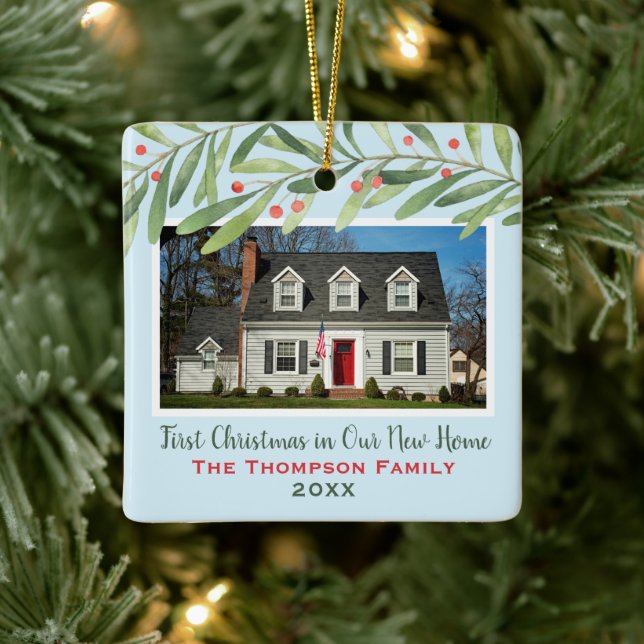 First Christmas in Our New Home Greenery Photo Ceramic Ornament (Tree)