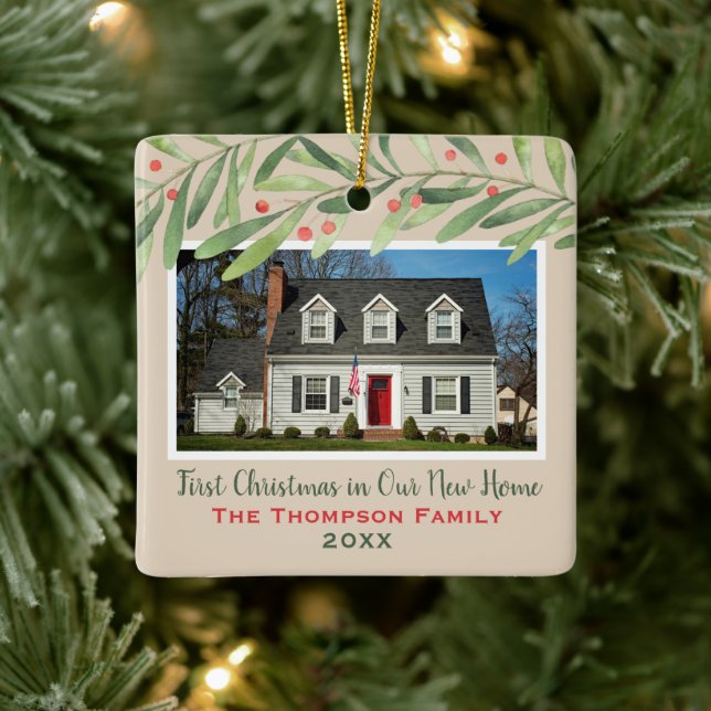 First Christmas in Our New Home Greenery Photo Ceramic Ornament (Tree)
