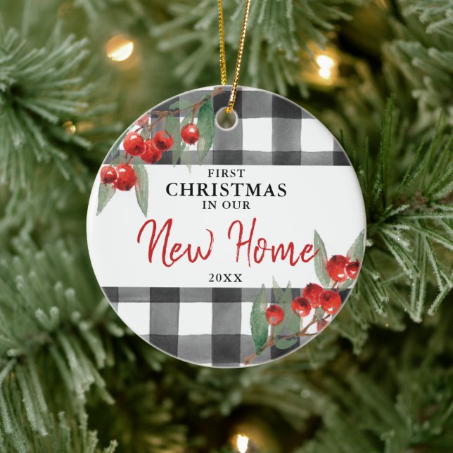 First Christmas In Our New Home Personalized Plaid Ceramic Ornament (Tree)