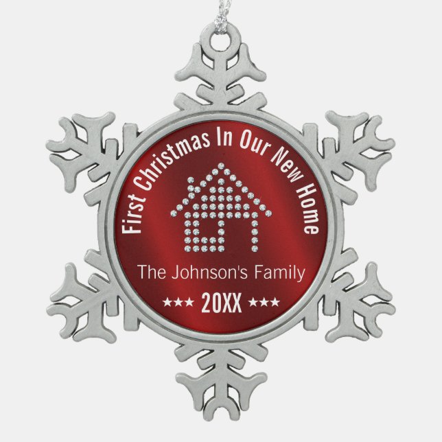 First Christmas In Our New Home | Personalized Snowflake Pewter Christmas Ornament (Front)