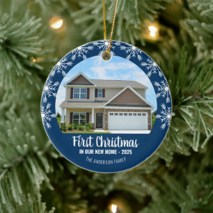 First Christmas in our New Home Photo Blue Ceramic Ornament