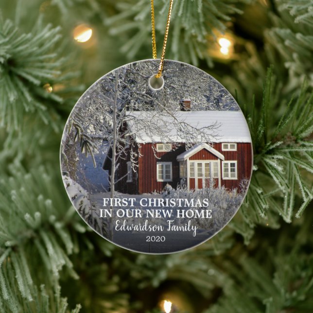 First Christmas in our new Home photo family name Ceramic Ornament (Tree)