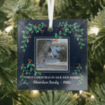 First Christmas in our new Home photo family name Glass Ornament<br><div class="desc">The first Christmas in our new Home photo Ornament. 
Add your own photo of your new home,  add your names,  text and year and create a very personal and unique Christmas ornament.</div>