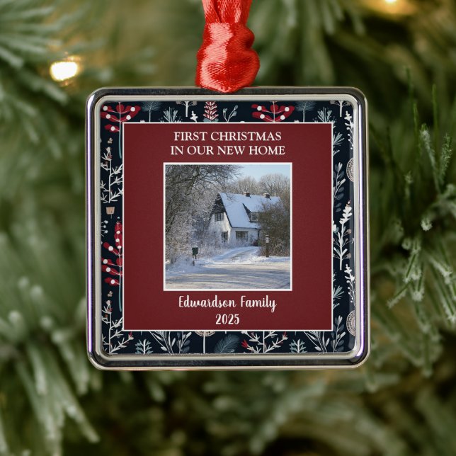 First Christmas in our new Home photo family name Metal Ornament (Tree)