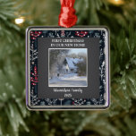 First Christmas in our new Home photo family name Metal Ornament<br><div class="desc">The first Christmas in our new Home photo Ornament. 
Add your own photos of your new home,  add your names,  text and year and create a very personal and unique Christmas ornament.</div>