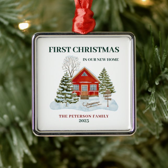 First Christmas In Our New Home Snowy Boho Metal Ornament (Tree)