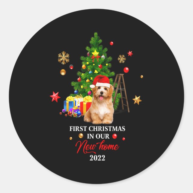 First Christmas In Our New Home Xmas Maltese Dog T Classic Round Sticker (Front)
