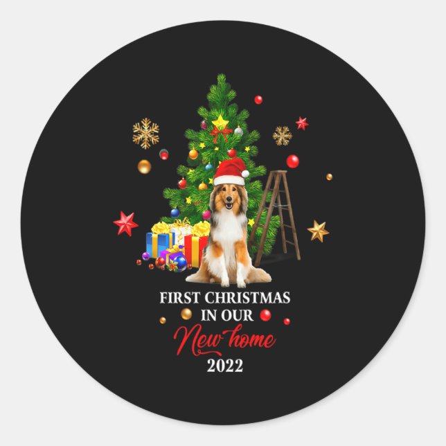 First Christmas In Our New Home Xmas Shetland Shee Classic Round Sticker (Front)