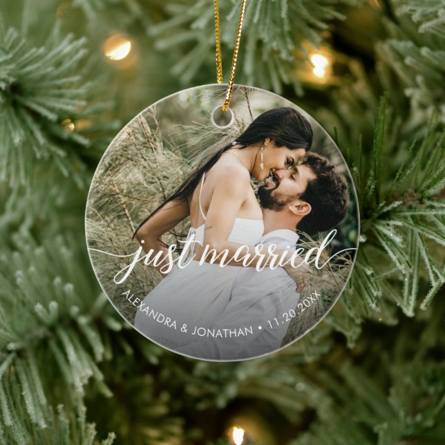 First Christmas Just Married Custom Photo Names Ceramic Ornament (Tree)