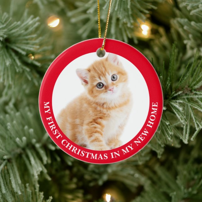 First Christmas Kitten Cat Personalized Photo Ceramic Ornament (Tree)