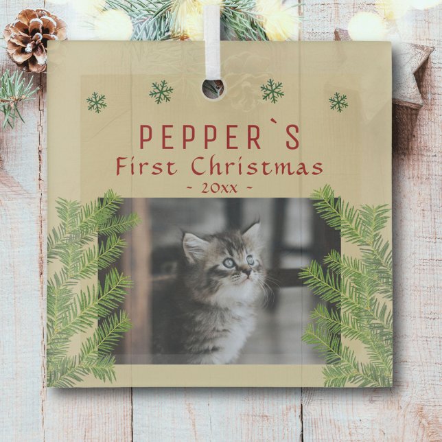 First Christmas Kitten Cat Pine Photo Keepsake Glass Ornament (Creator Uploaded)