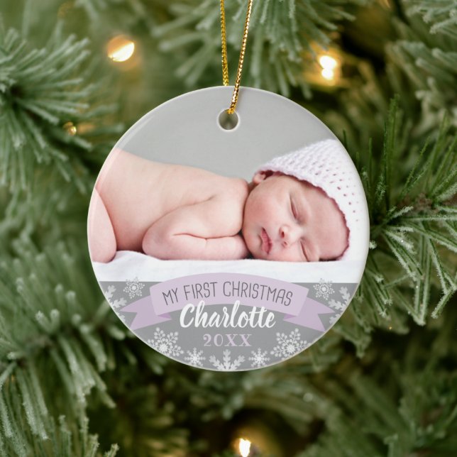 First Christmas Lavender Purple Baby Girl Photo Ceramic Ornament (Tree)